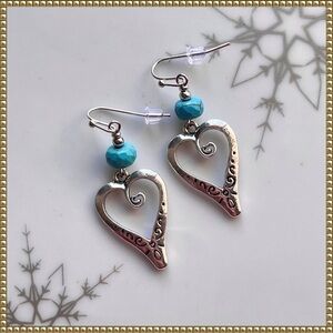 Silver Turquoise Heart Dangle Drop Earrings